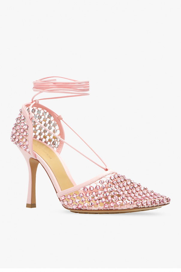 【関税込み】Bottega Veneta ピンク Stretch Web ヒール Bottega Veneta Stretch Leather Pink Blossom Sandals Heels 38